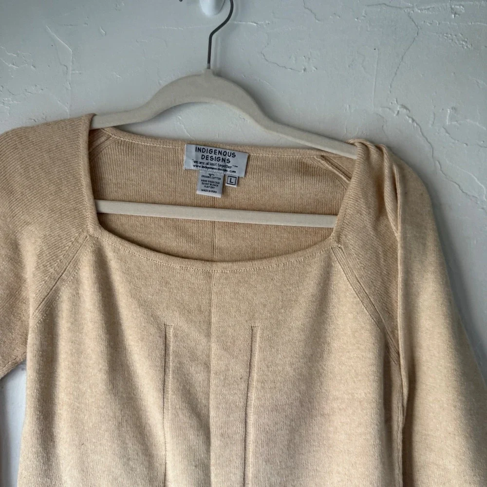 Indigenous Vintage 90s Square Neck Knit Sweater Top Beige Organic Cotton‎ L
